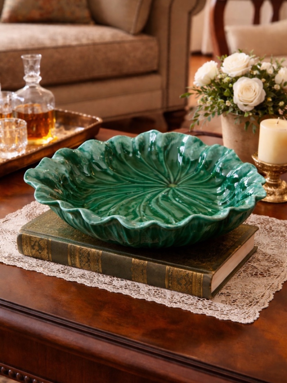 LARGE Vintage Cabbage Leaf Green Drip Ceramic Planter Bowl Decor